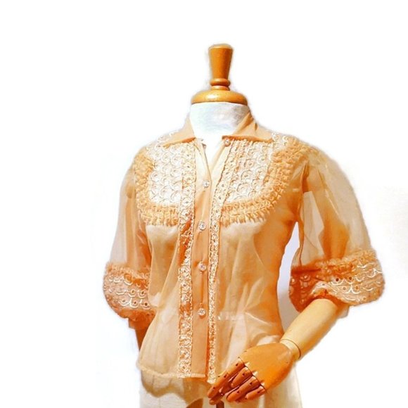 1950s Vintage Sheer Nylon Peach Orange Blouse With Ruffled Sleeves And Front - Picture 3 of 11